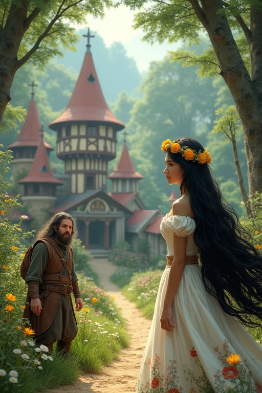 ((best qualityer)), ((work of art)), (detailded), A medieval village in the middle of the forest inhabited by magical creatures: like dwarves, goblins, fairies, Unicorns and dragons. A princess with long black hair wearing a tiara of yellow flowers and a simple white floral dress is accompanied by a dwarf with black hair and a brave face. The princess watches everything impressed.