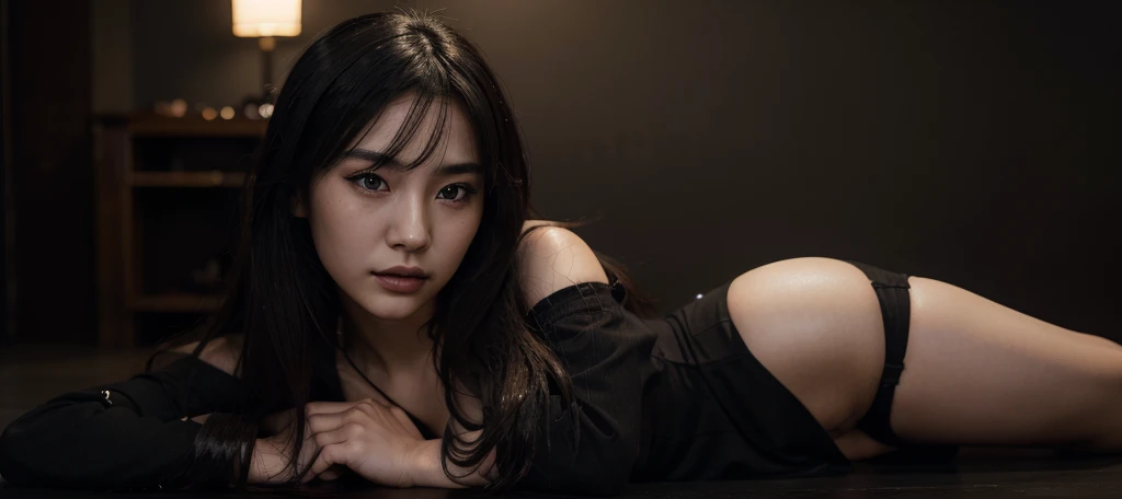 Highly Detailed Beautiful Japanese Girl, Cinematic, Cinematic Light, Realistic, Highly Detailed Face, Highly Detailed, Realistic Appearance, Lifelike, Realistic Girl, Highly Detailed Hair, medium long shot, wearing black dress, wearing black lipstick
