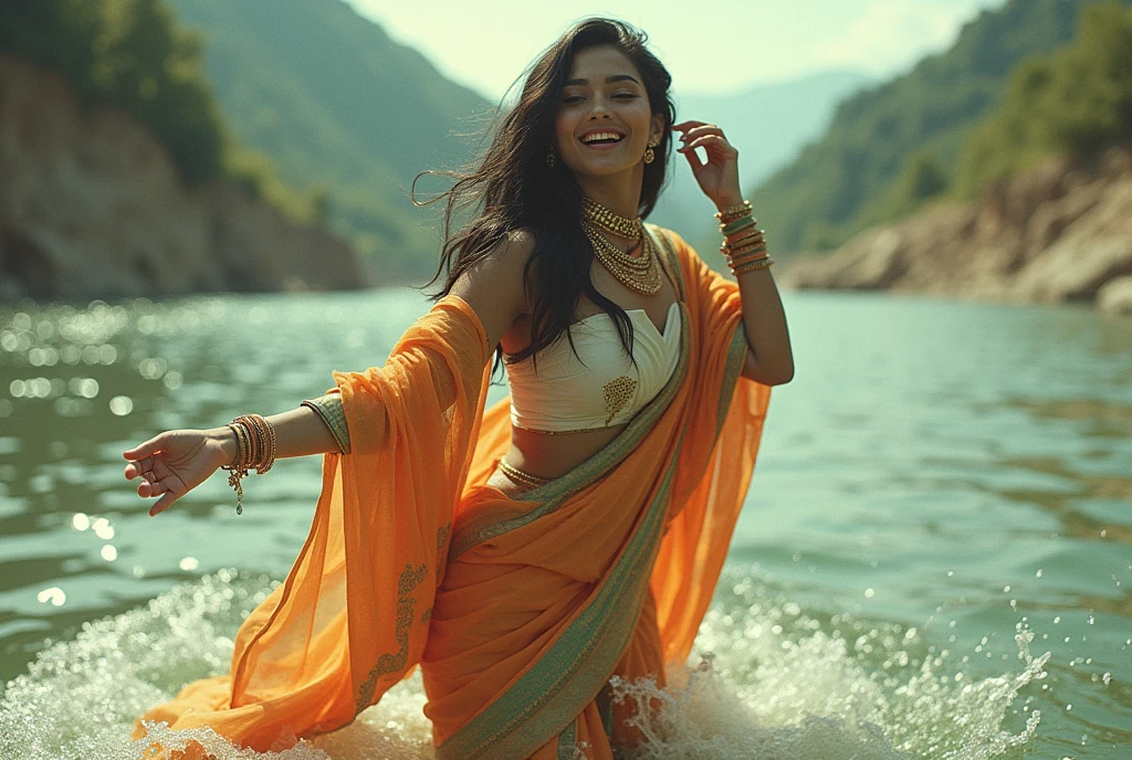 70s setting, grainy analog film, ultra-detailed, glamour artwork, conceptual art, provocative look, indian woman in jeans, playing in wide river with ecstasy, traditional accessories, abstract, orange white green, void, vivid, detailed sari