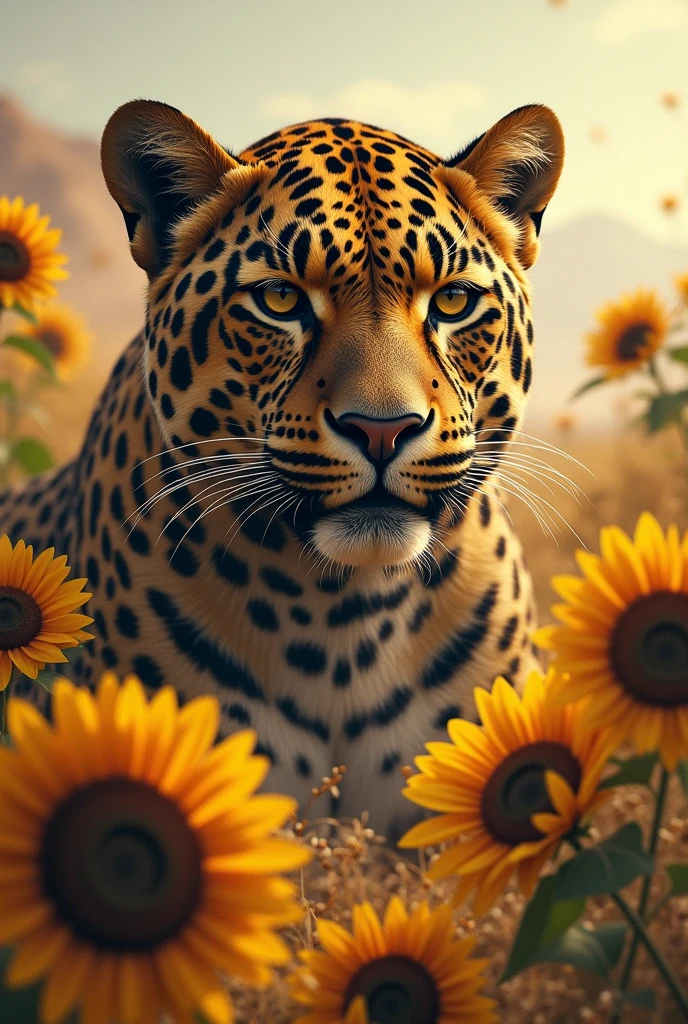 Leopard head,sun flowers, little cold Touch Desert mystic feeling