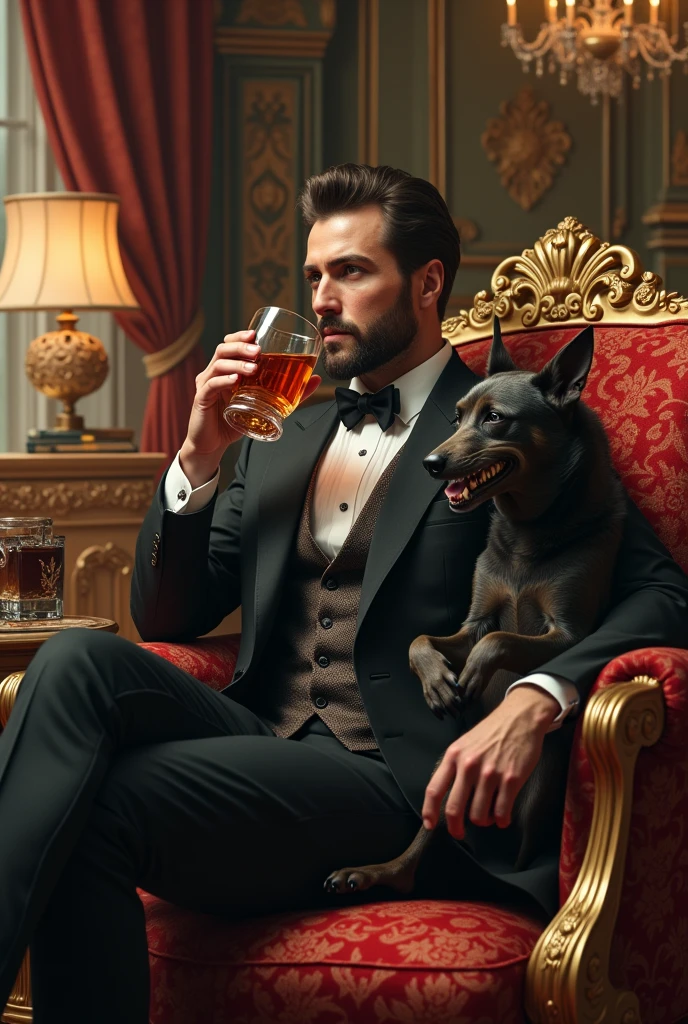 A hippop gentleman drinking rum. a devil dog inside the chair in the luxurious room 