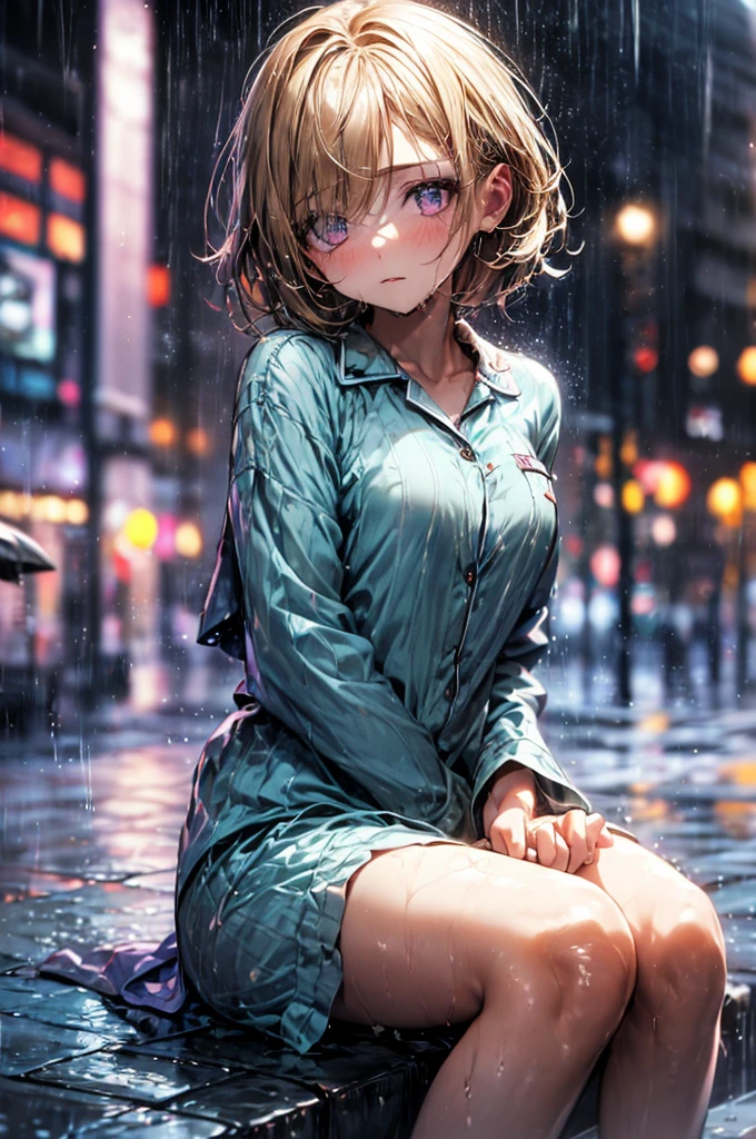 a girl of 17, nighttime, very dark, only source of light is the amber light of a street light, sat outside in the rain with her back against a while and hugging her own legs for warmth, she is naked except for a pyjama shirt that is detailed and coloured teal. She has very short caramel-blonde hair and expressive and detailed purple eyes that are a window into her depression. It is raining heavily, she is sitting outside on the pavement soaked to the bone, every part of her is dripping wet with heavy rainwater, is it nighttime, and very dark, sitting outside on the pavement, sidewalk, in a pyjama shirt, buttoned up pyjama top, street, road, small breasts, small B-cup breasts, town street, ((buttoned pyjamas)), short hair, very short hair, detailed eyes, very detailed purple eyes, focus don't he eyes, depressed expression, dark depressing image, very little light, nighttime,