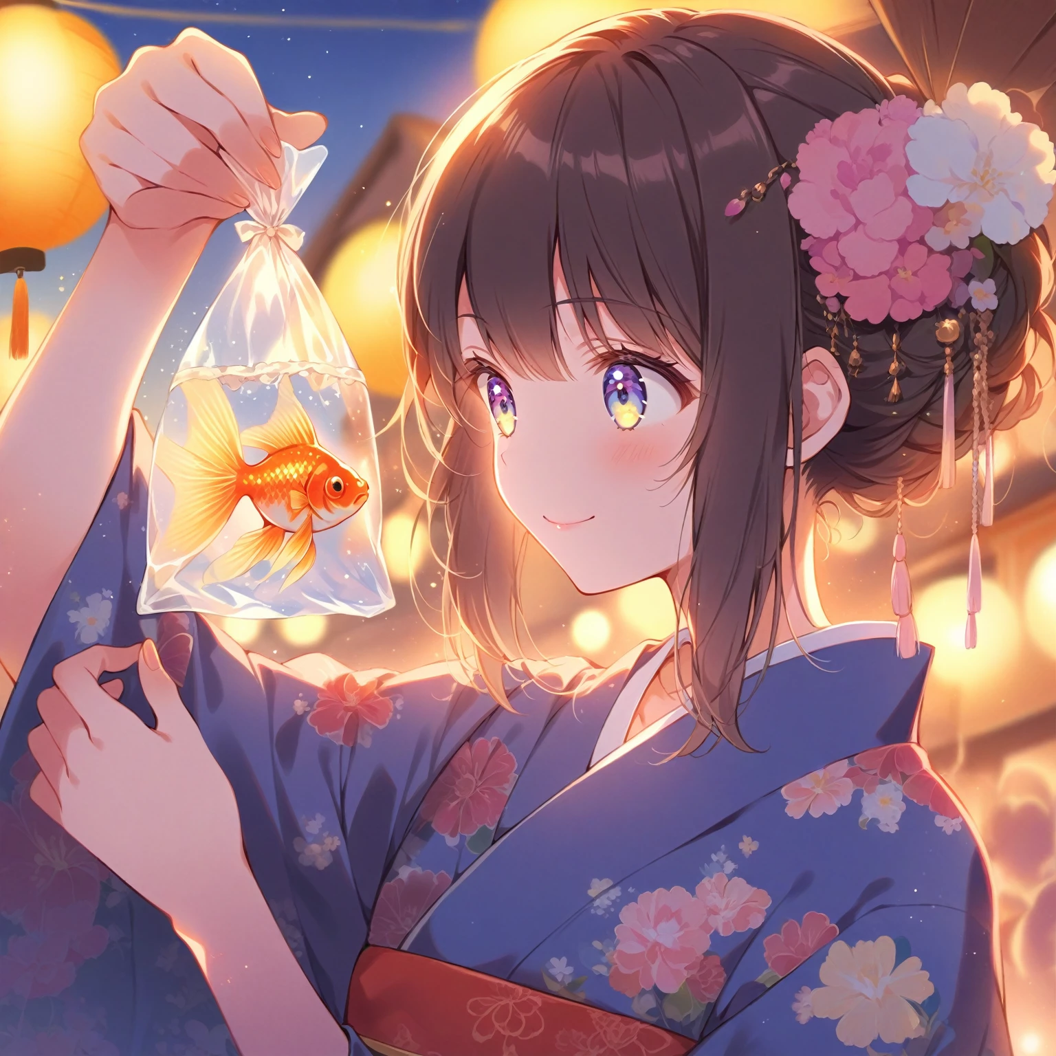 score_9_up, score_9, score_8_up, score_7_up, source_anime,masterpiece, best quality, high resolution, extremely detailed CG, absurdres, highres,On the evening of the summer festival, 1girl, solo, a girl in a yukata holds a goldfish in a small transparent plastic bag. The girl lifts the bag in front of her eyes and looks at the goldfish with a gentle smile, good_hands, Long eyelashes, detailed beautiful eyes, looking away