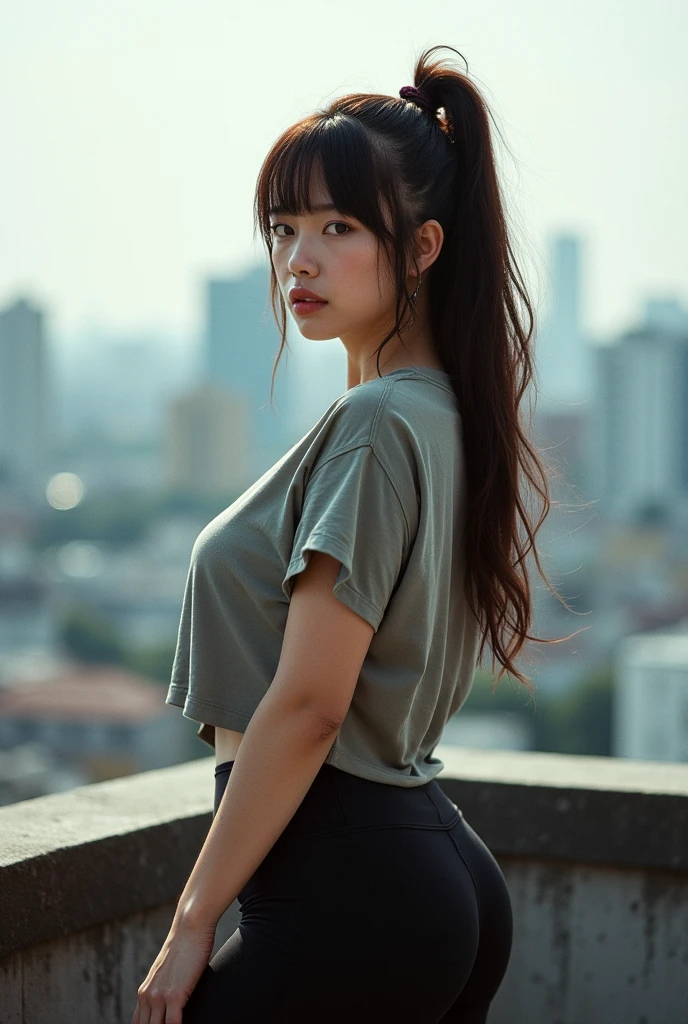 analog film photo, photo of a teenage punk, female, amber eyes, layered emo ponytail, tan complexion, Japanese ethnicity, tall stature, curvy, voluptuous hourglass figure, busty bosom, full wide hips, plump round buttocks, wearing a loose t-shirt and black spandex leggings, posing on a Tokyo rooftop, RAW Photograph, dslr, soft lighting, high quality, film grain, Fujifilm XT3, detailed skin with visible pores, insane details, masterpiece, 8k, 35mm photograph, dslr, kodachrome, faded film, desaturated, grainy, vintage, Lomography, stained, highly detailed, found footage, close-up shot