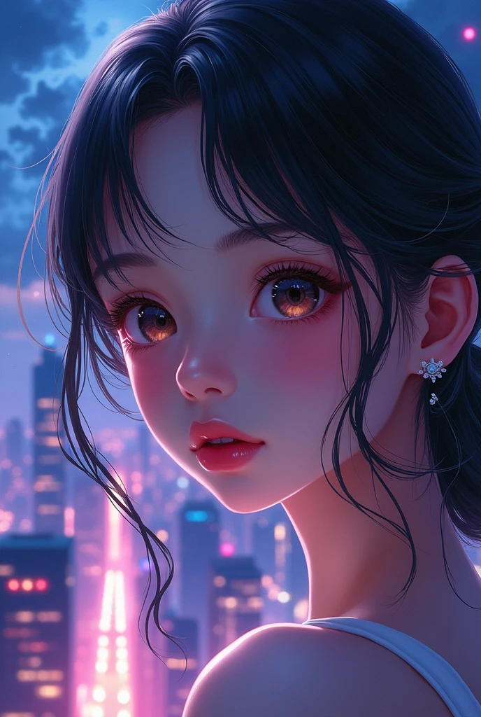 Beautiful girl, anime, best quality, city night view background, large image size, tempting