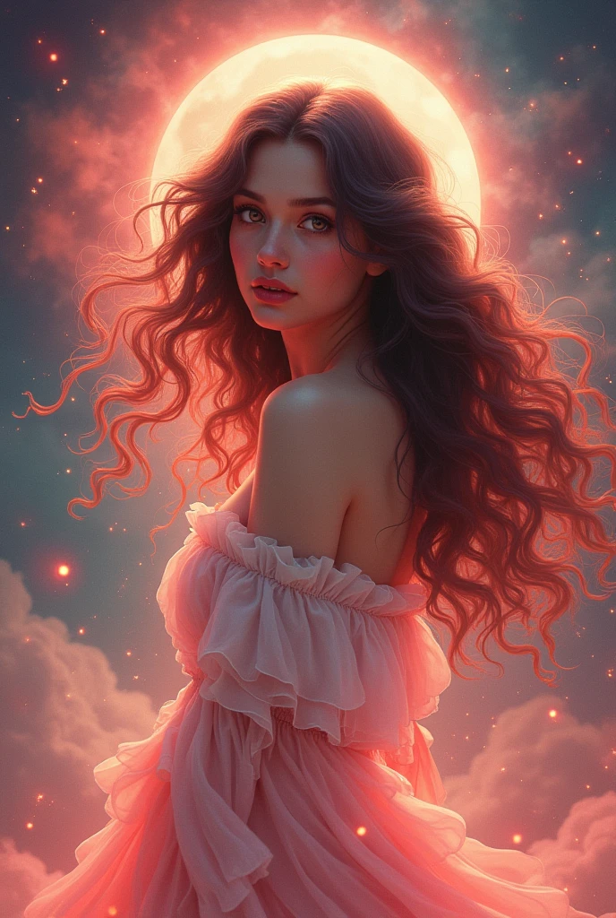 Zodiac sign of a girl "calf" a very beautiful girl with long curls, magic red, pink and white color scheme
