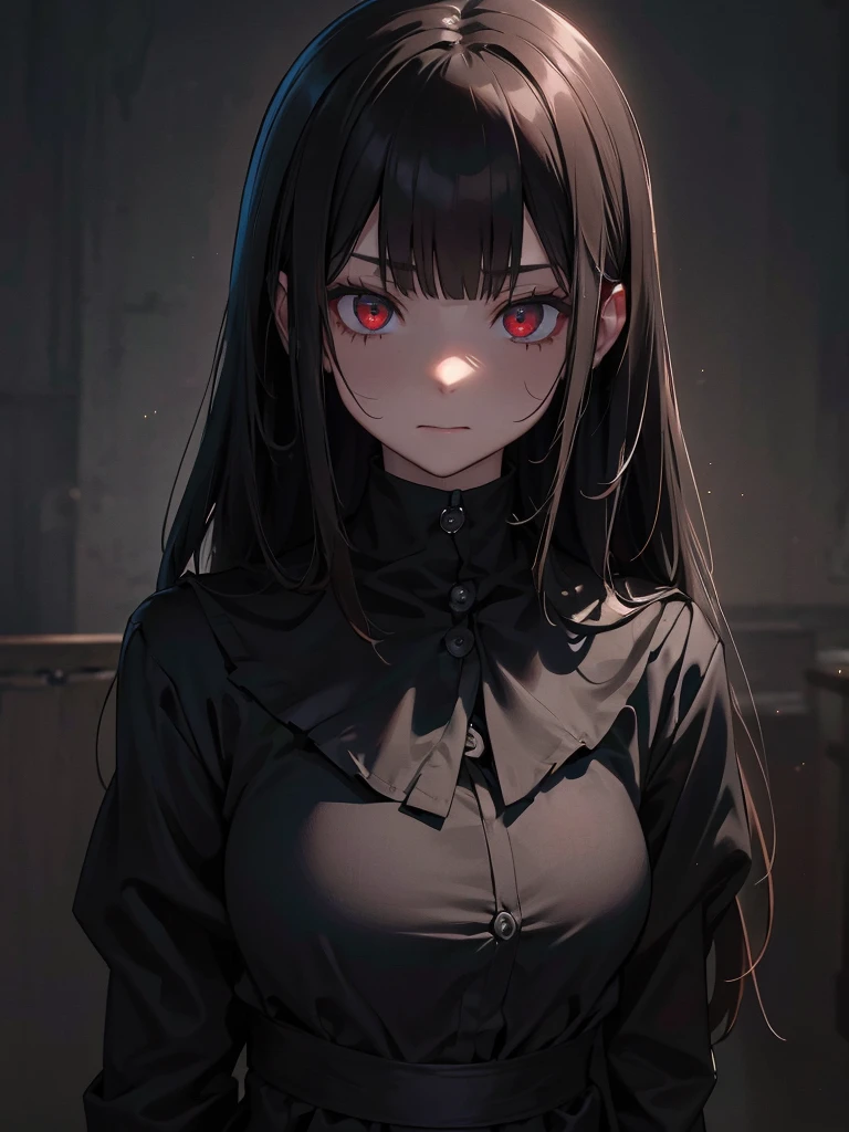 Black maid outfit, whole body, Long black hair,Red eyes,In the spotlight,The background is a dark city street.、(It generates high-quality female works with a dark and insane horror movie-like world view centered on black. She has a creepy and attractive physique、whole body黒のファッションスタイルを着ています. The background is a dark and desolate landscape, An atmosphere like a horror movie setting. Her figure is terrifyingly beautiful, Emphasizing dark and insane elements. Light and shadow effects are skillfully expressed, detailed, The face and expression in the black attire are meticulously drawn, Artistic elements add depth to the work. The overall atmosphere exudes an eerie and nightmarish worldview, With a unique artistic touch. This movie is、It depicts the dark and insane world of a horror movie in high quality, Evoke visual stimuli and aesthetic sense, It will give viewers fear and excitement. It produces a work that blends the dark and insane worldview of a horror movie with artistic elements.