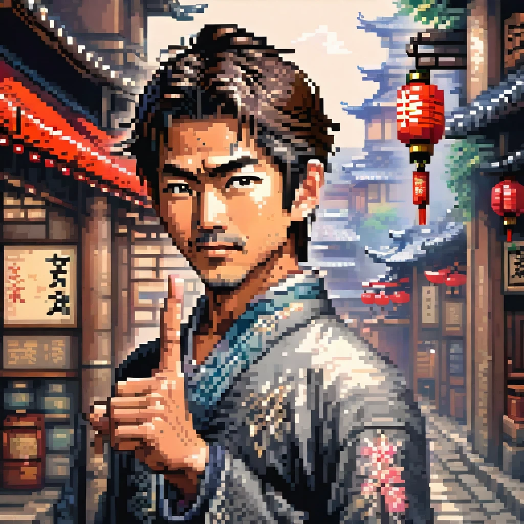 A handsome Japanese man with his pinky finger pointing up, in a pixel art style, detailed , best quality, masterpiece, ultra intricate detailed, high detailsone, in a pixel art style, detailed , best quality, masterpiece, ultra intricate detailed, high detailsone
