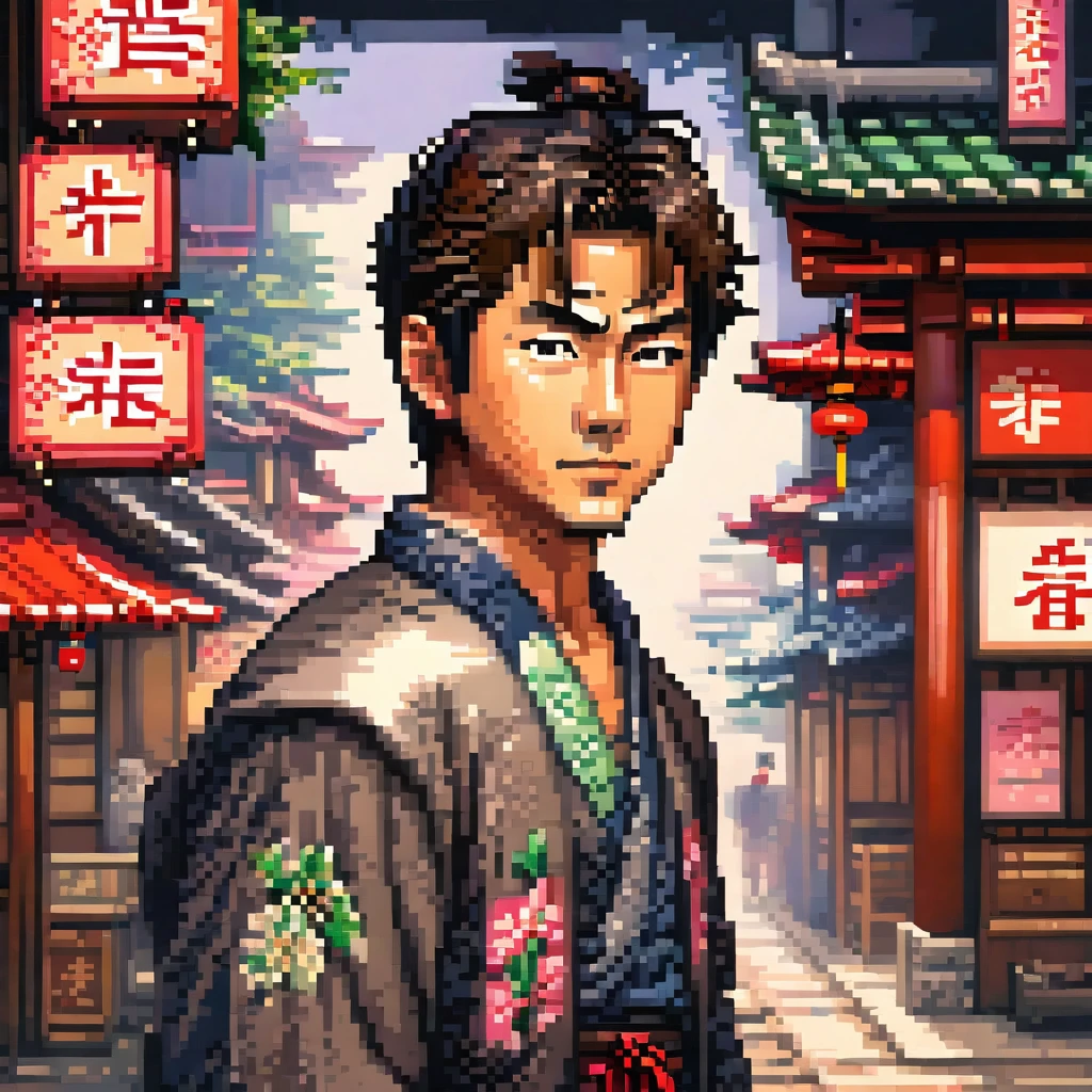 A handsome Japanese man with his pinky finger pointing up, in a pixel art style, detailed , best quality, masterpiece, ultra intricate detailed, high detailsone, in a pixel art style, detailed , best quality, masterpiece, ultra intricate detailed, high detailsone