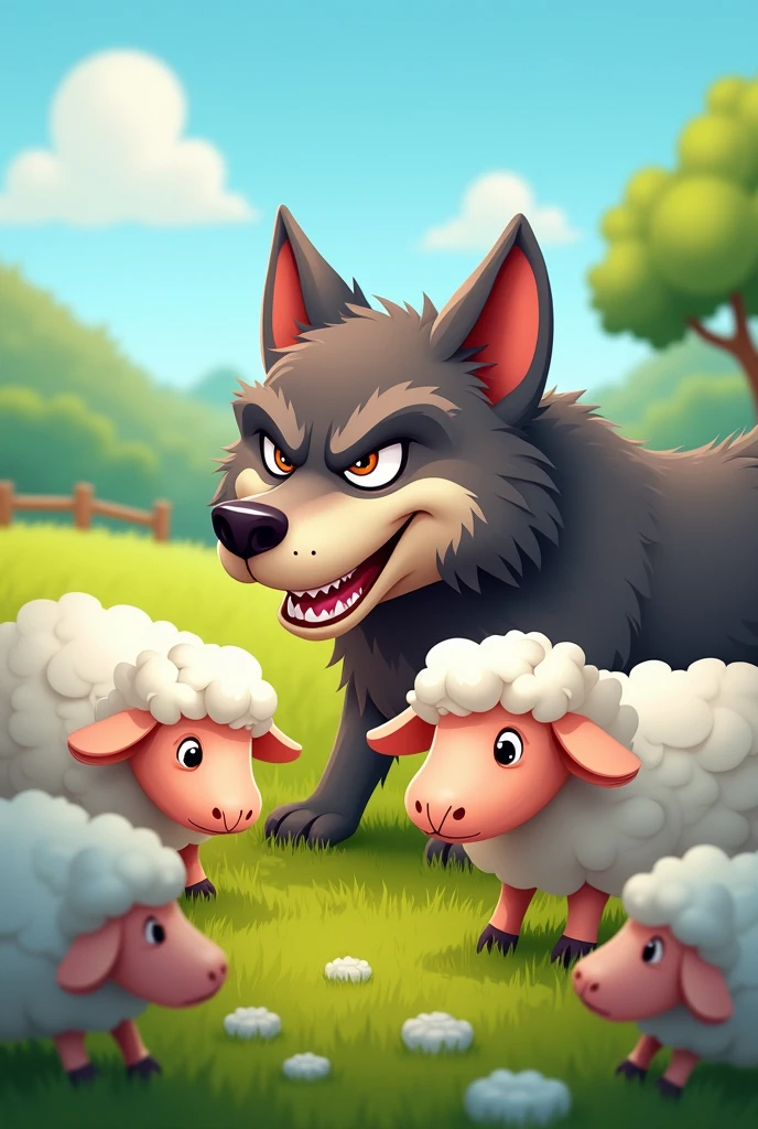 Make me an image of a wolf and in the background you can see sheep, a picture for children
That the wolf has a face as if he is going to do something bad