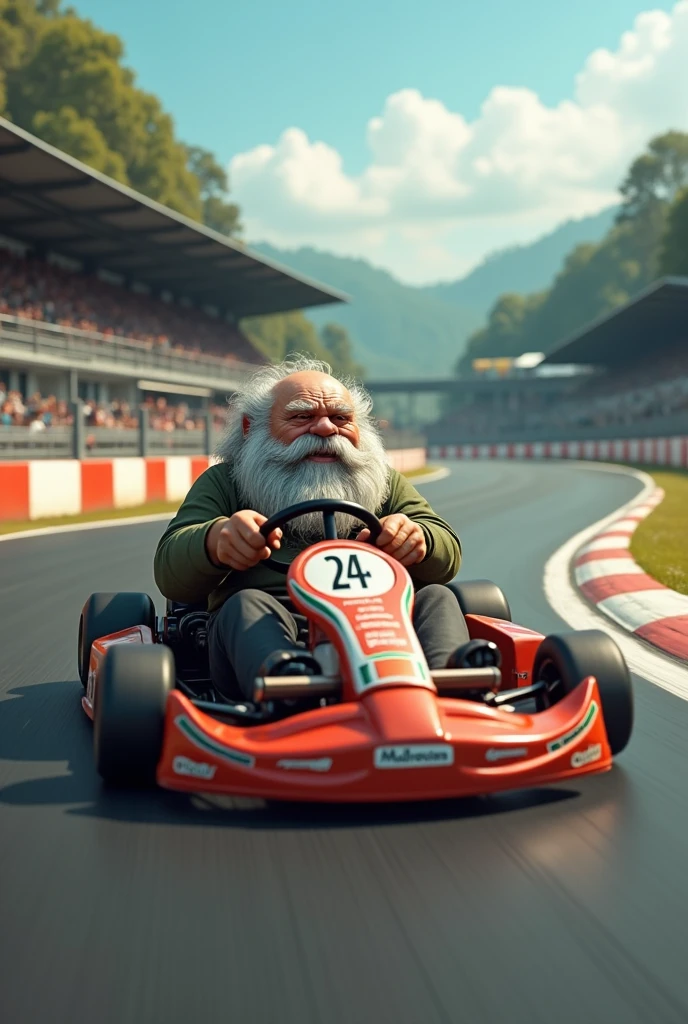 generate a picture of a man driving a go kart on a race track. this man should be old, extremely overweight, and have a long grey beard.