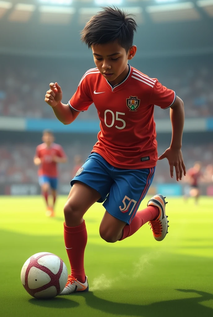 Footballer boy age of 15
whose name is Vashu and gersy no is 05 from back side and his skin tone is colour is like Indian little darker