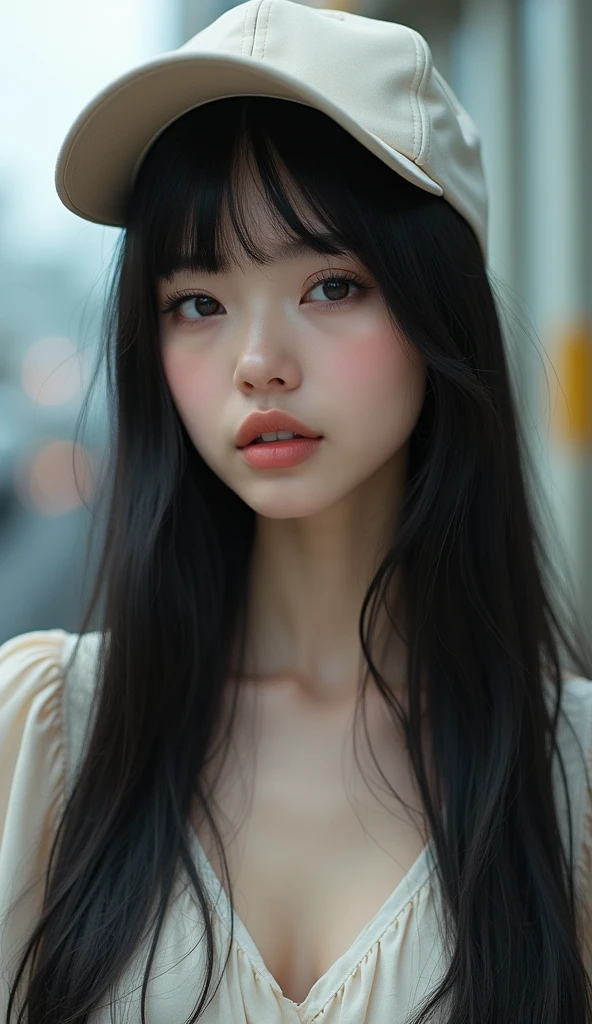 masterpiece, surreal, 30 years old female European face Beautiful face, pink lips Natural makeup, emphasized eyelashes Hairstyle Long straight black hair, bangs, eyebrows Clothing Casual over-the-knee dress, over-the-knee boots, plain cap Hometown Shibuya