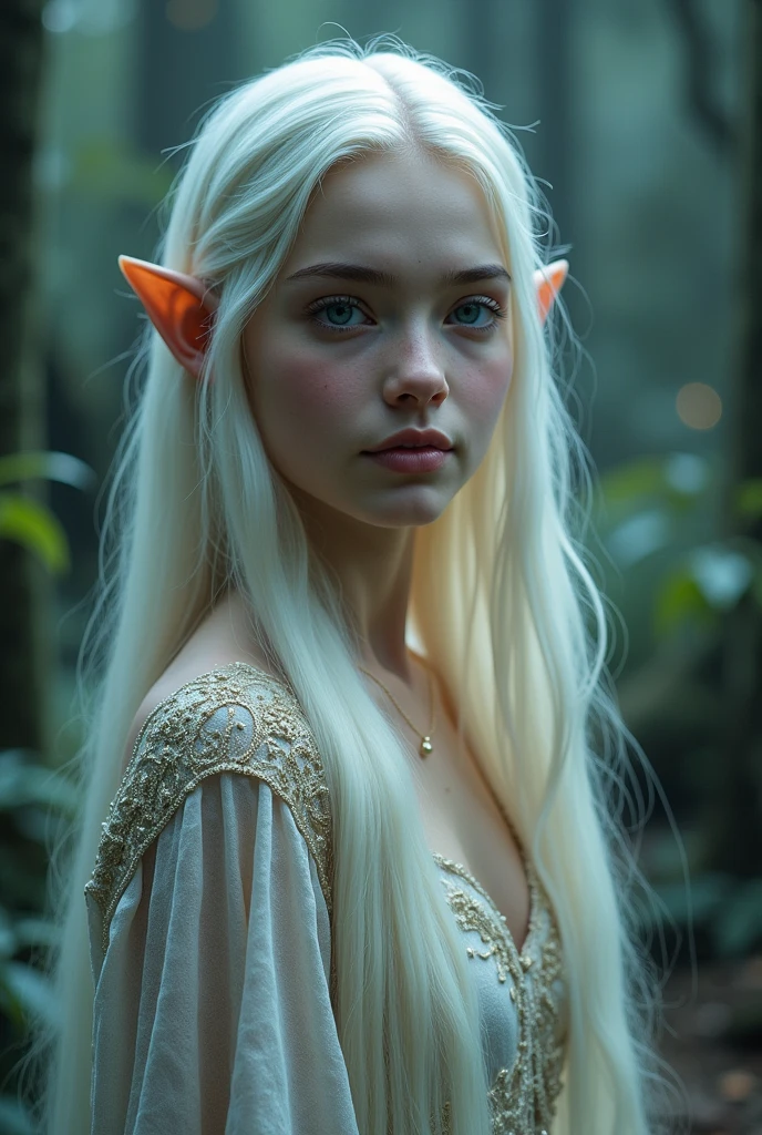 A young and radiant elf princess Liora finds herself lost in the heart of a mystical forest., where ancient trees whisper secrets and shadows play under the silver glow of the moon. while she wanders, The melodies of invisible creatures guide her to the enchanting Moonwater Lake., Its depths contain reflections of forgotten tales. With an ethereal grace, Liora navigates the mysterious kingdom, Finding enigmatic beings and unraveling the threads of a destiny woven in the magical fabric of Tolkienian tradition.. The mystical embrace of the forest and the secrets within the lake reveal a journey that reflects the timeless spirit of the elves' beauty and courage.., Nikon Z8 + NIKKOR Z 24-120 mm f/4 s, perfect face, long straight light blonde-white hair, detailed face, 8k, ultra high resolution.photorealistic, HD, masterpiece, raw, innocent, Pure, Pale skin, gray blue eyes, luz magica, bright light, Foggy