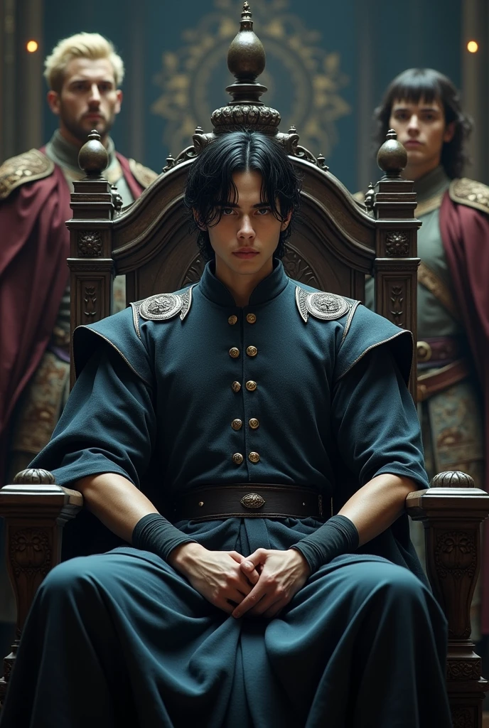 a young king 30 age black hair very white skin deep ocean blue eye sitting on throne, wearing a straight black wristband and black warrior outfit without crown but hes oufit have do dot needles. behind of king 3 guys standing. 1 guy blonde 2 guy brunette. king smiles sarcastically looks intelligence. background is royal palace but looks dark and stifling. realistic like medieval They are far away and slightly above king is muclar and looks like warrior king have pretty white skin and looks like musclar big shoulders but his dress covers him whole body photo looks medieval realistic