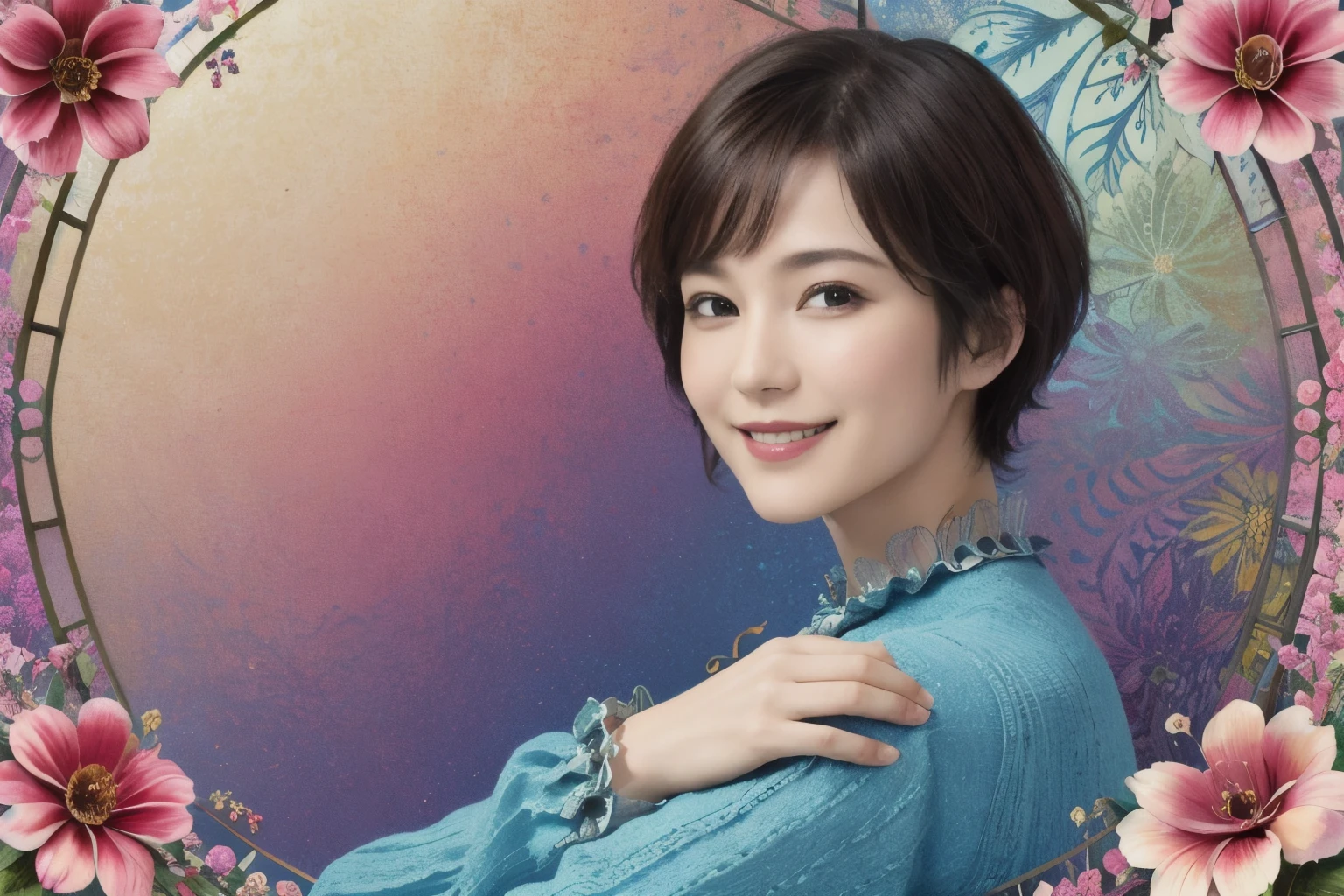 271 (20-year-old woman,short hair), (masterpiece, Highest quality, beautiful:1.2), Very detailed, (Fractal Art:1.1), (colorful:1.1), (flower:1.3), whole body, (Abstract background:1.3), (Many colors:1.4), (Old-fashioned smile), (window)