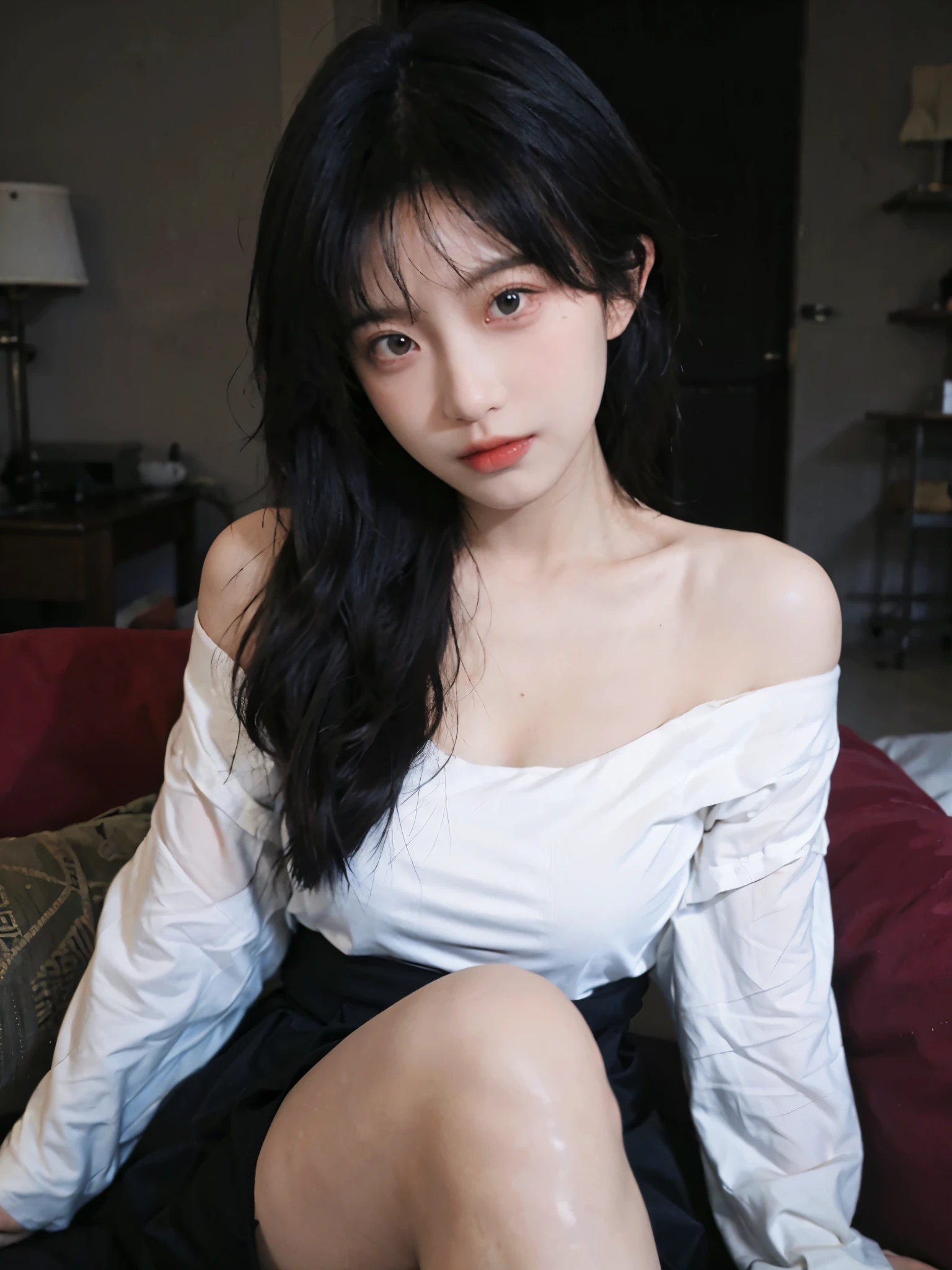 best qualtiy, Ultra-high resolution, (realisticlying:1.4), one-girl, A pair of clear and moving peach blossom eyes,Royal sister,Off-shoulder white shirt, Black tight skirt, (Faded gray-gray hair:1), (big cleavage breasts:1.2), looking at viewert, closeup cleavage ,