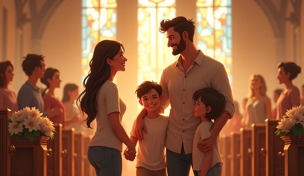 "A bright and warm scene inside a traditional church, with tall stained glass windows filtering the sunlight. En el centro de la imagen, a smiling family consisting of a father, a mother, one and one , Everyone dressed in casual and cheerful clothes. They are sitting on a wooden bench, with the mother holding the youngest son's hand while the father is hugging the daughter. Ao fundo, the church is decorated with flowers and candles, and a group of smiling people can be seen participating in a service, creating an atmosphere of unity and joy. The expression on the family's faces reflects love, happiness and a sense of belonging to the community."