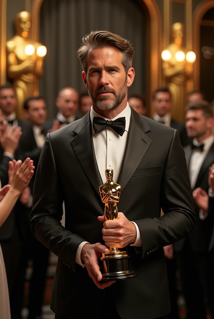 Create an image of Ryan Reynolds holding an award with the image of Don Bosco on it, as if he were at the Oscars.