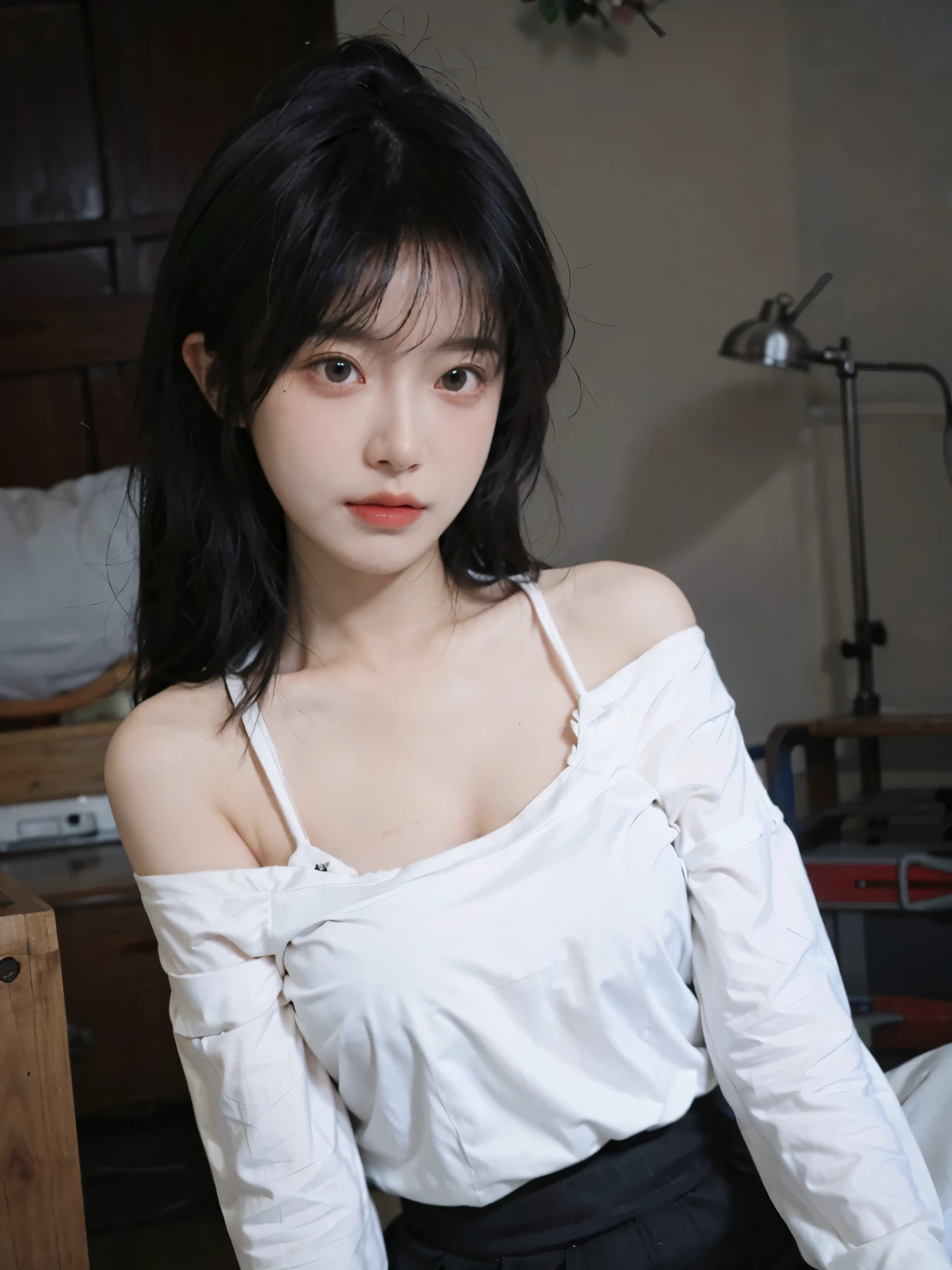 best qualtiy, Ultra-high resolution, (realisticlying:1.4), one-girl, A pair of clear and moving peach blossom eyes,Royal sister,Off-shoulder white shirt, Black tight skirt, (Faded gray-gray hair:1), (big cleavage breasts:1.2), looking at viewert, closeup cleavage ,