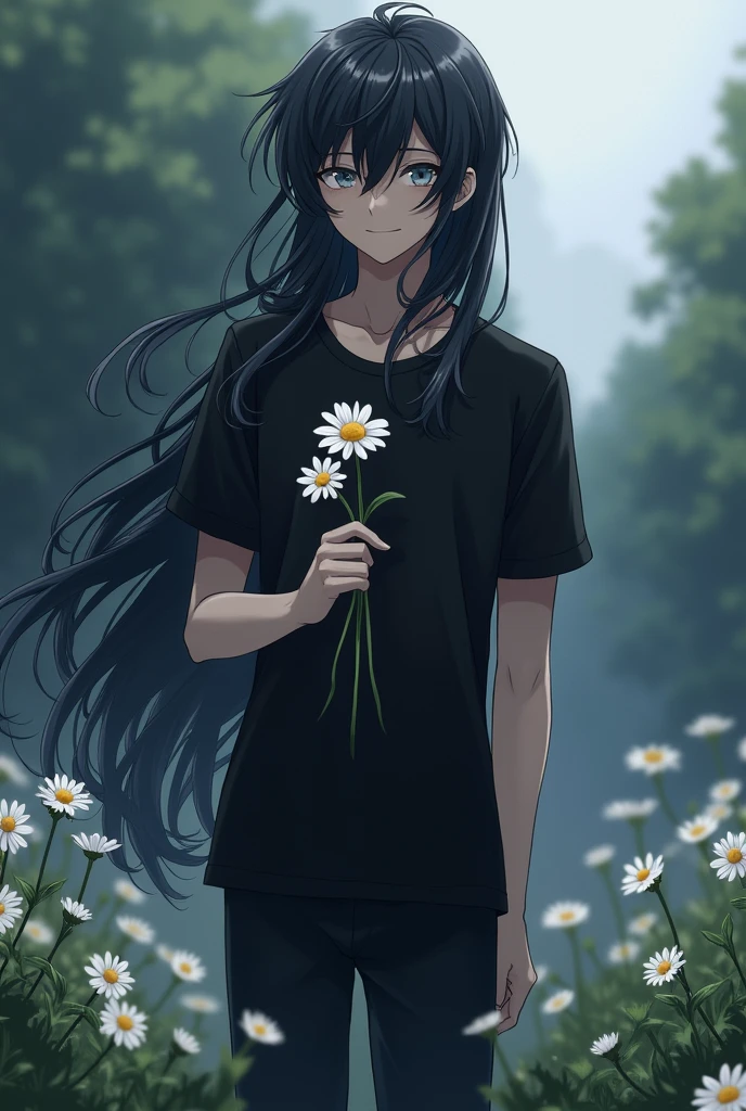 Guy long black hair, stands near the grave, there is a sad smile on the face, three daisies in hands, grey eyes, Beautiful skinny body, Black T-shirt, black trousers,Beautiful face, anime art, masterpiece, realistically