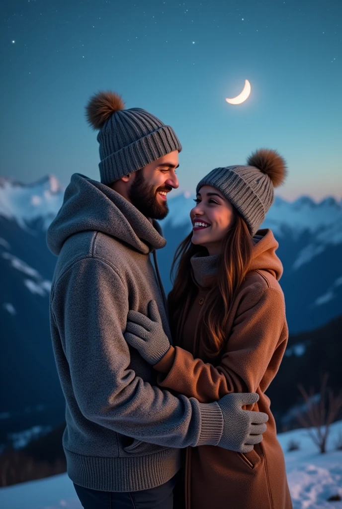 photoshot, photoshot wanita cantik dan pria tampan, swaphotoshot, upper body, alone, wearing warm clothes, outdoors, (night), mountains, real world, bintang, month, cheerful, happy, gloves, sweater, beanie,