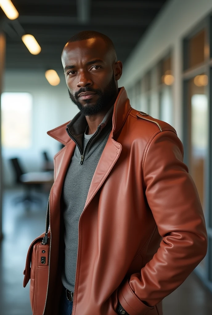 Create a middle-aged Black man, extremely handsome, tall, with a long head, long and thick legs, strong style, but no belly, has a chin dimple, fleshy lips, Smiling and big eyes, expressive, wears glasses, straight military-style hair with a middle part
Wearing a modern slim-fit leather jacket,  salmon color, in a corporate setting, with a courier-style bag on their shoulders 
