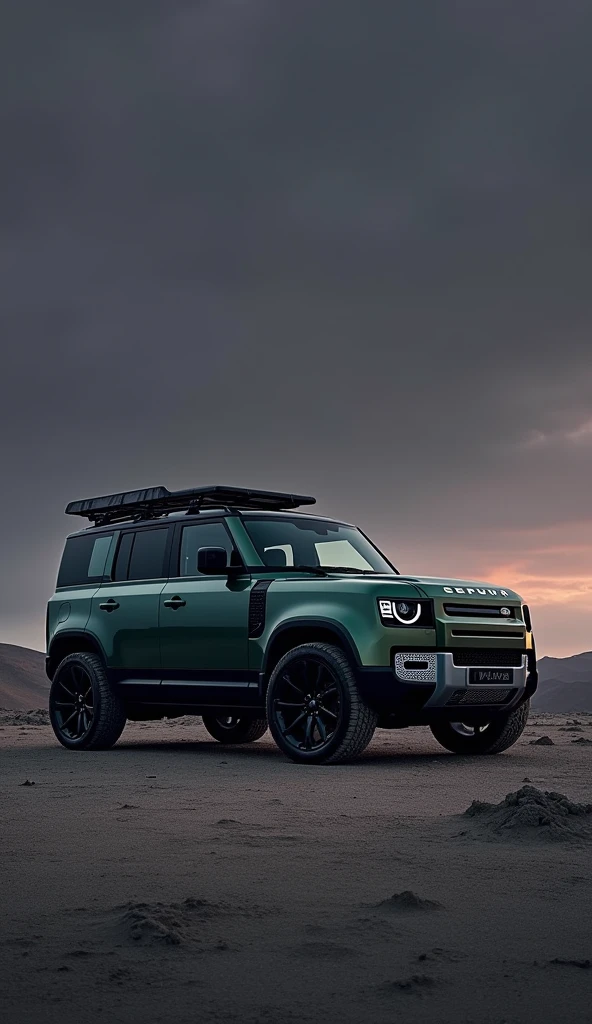 Brand new (land rover (full option (defender 110)) in greenish with (ceramic coating) with (right side semi ladder and left side mounted gear carrier), (stock tyre with minimum ground clearance)), dark violet sky. Gray soil