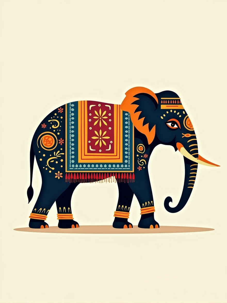 abstract vector image of an indian ethnic style elephant, side profile, colourful, minimal elephant, royal indian style, to be used in a logo