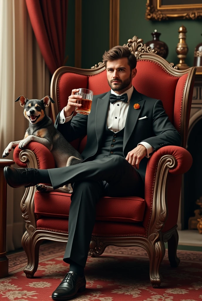 A hippop gentleman drinking rum. a devil dog inside the chair in the luxurious room 