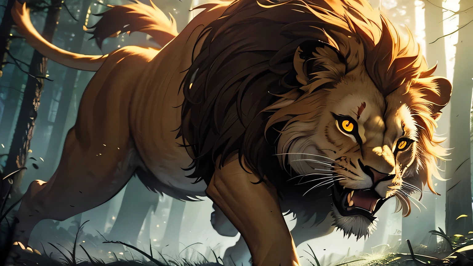 Moving scene LEAP IN THE AIR, lion in the forest, glowing yellow eyes, glowing eyes, sharp fangs, dim lighting, hyper realistic, cinematic lighting, intricate details, 8k, high quality, photorealistic, dramatic, powerful, majestic