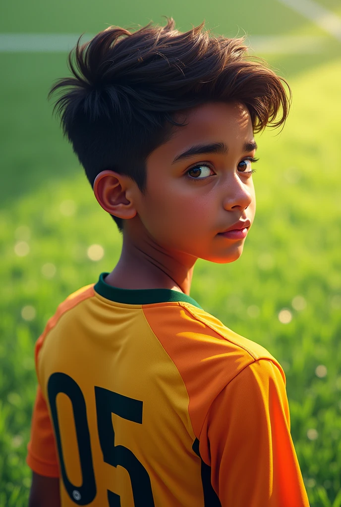 Footballer boy age of 15
whose name is Vashu and gersy no is 05 from back side and his skin tone is colour is like Indian little darker