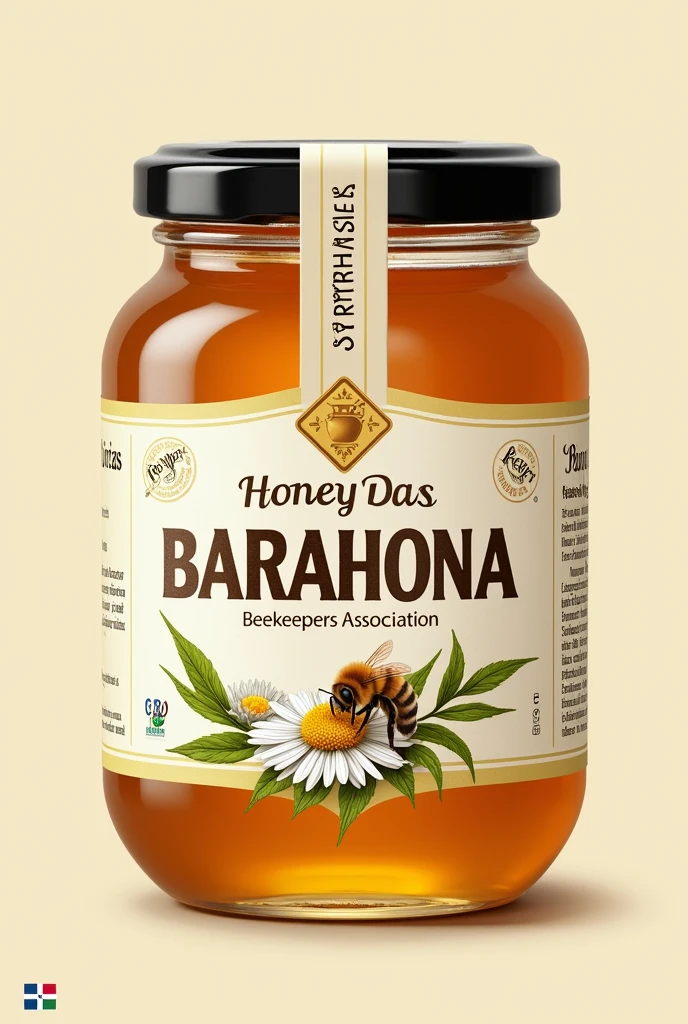 Generate me a Honey tag, that puts Barahona, and also Beekeepers Association in Spanish, that it carries a bee and a flower from bayahibe white, with the Dominican flag in small. that it is the square label and that the images are realistic, that you show it in a plane not in a jar to be able to print