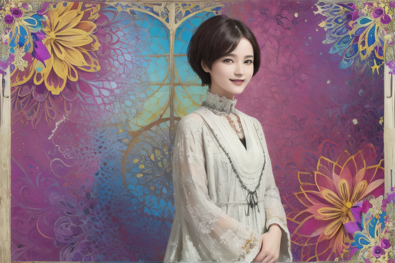271 (20-year-old woman,short hair), (masterpiece, Highest quality, beautiful:1.2), Very detailed, (Fractal Art:1.1), (colorful:1.1), (flower:1.3), whole body, (Abstract background:1.3), (Many colors:1.4), (Old-fashioned smile), (window)