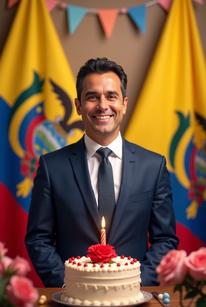 Create a birthday image to celebrate an Ecuadorian foreign minister of approximately 37 years old. The design should include elements that represent Ecuador, like the national colors, the flag and official symbols such as the coat of arms or the national flower. The image should show a human figure or avatar that reflects the approximate age, focusing on the role and importance of the foreign minister in a subtle and elegant way, while maintaining a festive birthday theme