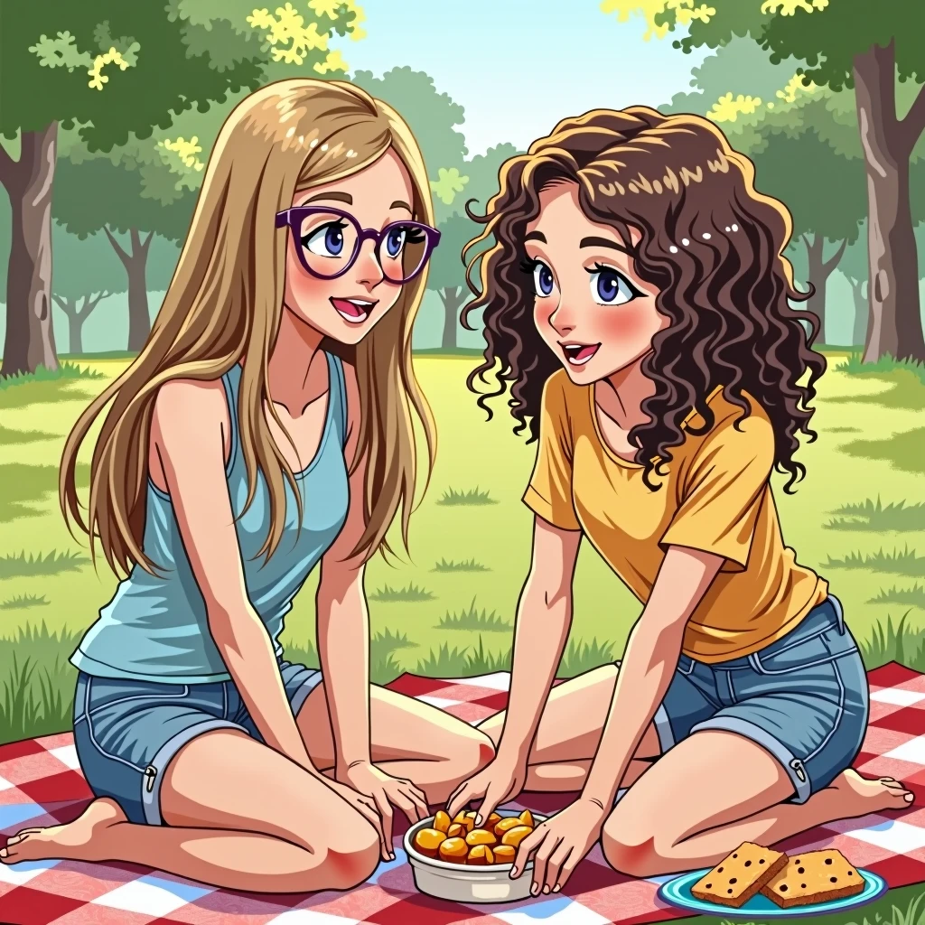 A drawing to paint of two girls, one with straight hair, taller and wearing round glasses, and the other with curly hair, on a picnic. They are girlfriends and are in a park on a beautiful day. The one with straight hair has long hair and the one with curly hair has short hair that reaches her shoulders. They don't have bangs.