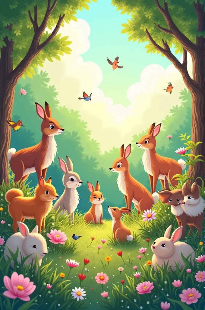 Animated image of many animals in spring to print on a t-shirt