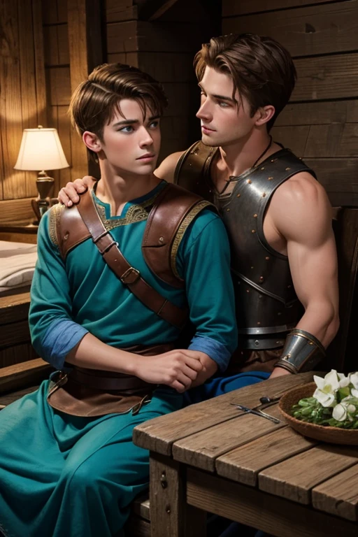 Photo-realistic. A pleased, 16-year-old, handsome, muscular Caucasian man with fade-cut, brown hair, and blue eyes, wearing shabby, sleeveless, leather armor, with metal shoulder guards, boasting, as he tells a dramatic story to a 15-year-old, lean, Caucasian peasant man, with short, brown hair, and blue eyes, in a blue and green tunic, listening in wonder, sitting next to each other on a simple bed, in a rustic inn room, at night.