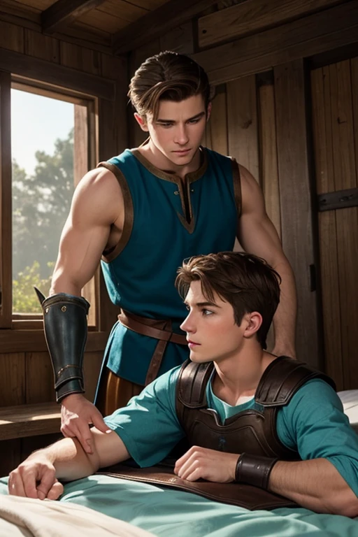 Photo-realistic. A pleased, 16-year-old, handsome, muscular Caucasian man with fade-cut, brown hair, and blue eyes, wearing shabby, sleeveless, leather armor, with metal shoulder guards, boasting, as he tells a dramatic story to a 15-year-old, lean, Caucasian peasant man, with short, brown hair, and blue eyes, in a blue and green tunic, listening in wonder, sitting next to each other on a simple bed, in a rustic inn room, at night.