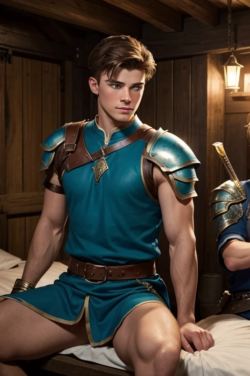 Photo-realistic. A pleased, 16-year-old, handsome, muscular Caucasian man with fade-cut, brown hair, and blue eyes, wearing shabby, sleeveless, leather armor, with metal shoulder guards, boasting, as he tells a dramatic story to a 15-year-old, lean, Caucasian peasant man, with short, brown hair, and blue eyes, in a blue and green tunic, listening in wonder, sitting next to each other on a simple bed, in a rustic inn room, at night.