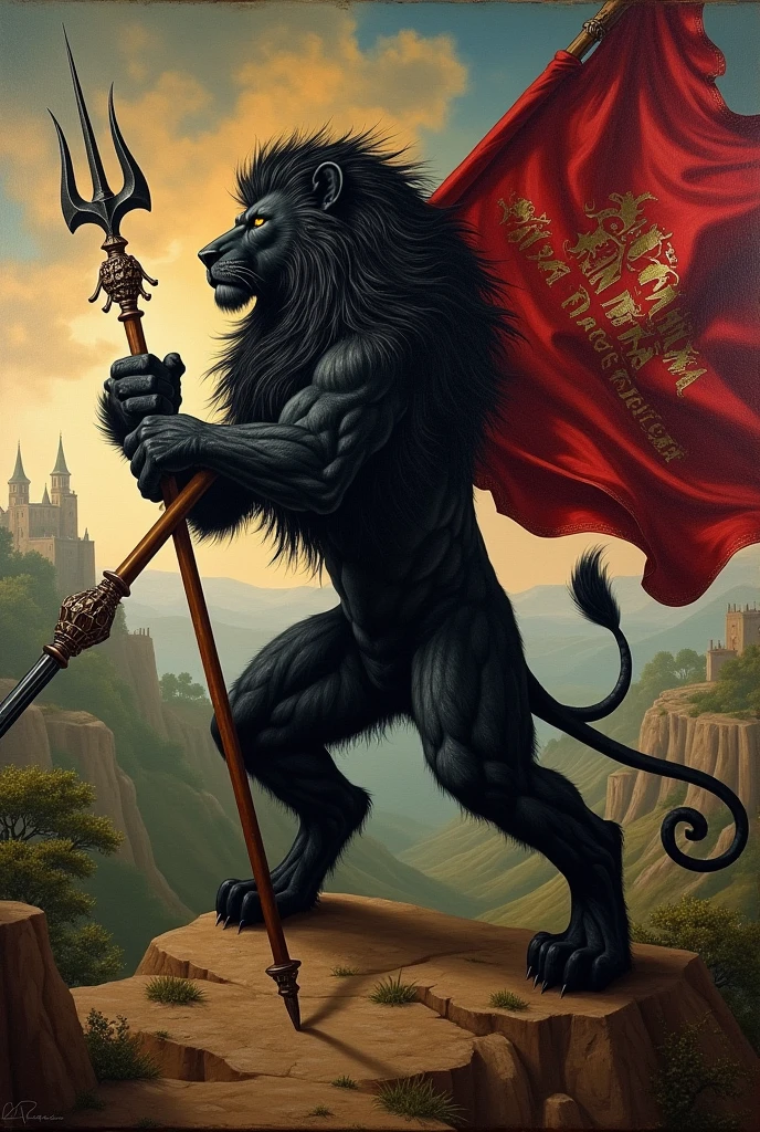 CREATE A PAINTING LIKE Renaissance. ANGRY BLACK LION HOLDING SPEARS WITH BLACK RED FLAG. TEXT : LA FAMILIA FORTICH. AND DETAILED IMAGE.