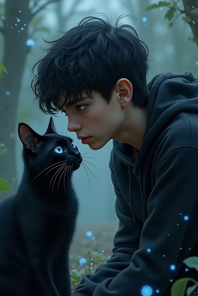 A black-haired age boy with blue eyes with a black cat with blue eyes
