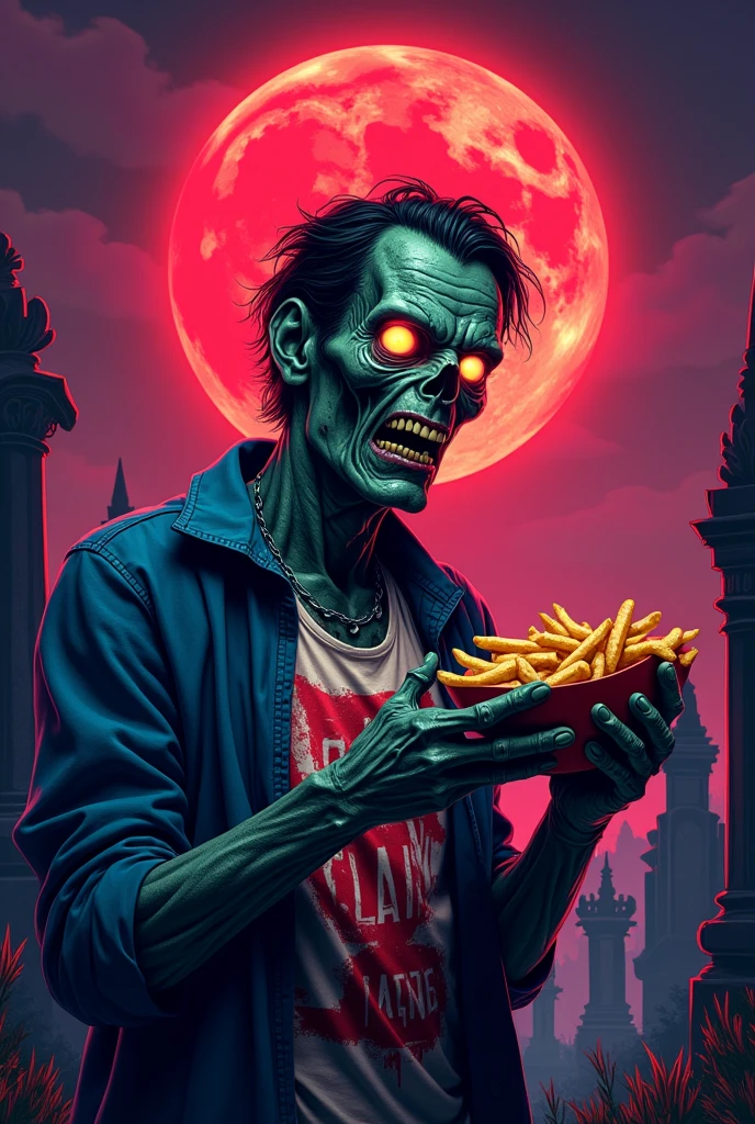 a zombie holding a Fries in a graveyard, detailed face and hands, one red super moon in the background, 80s inspired, vector t-shirt design, digital art, dynamic composition, neon colors, vibrant, glowing eyes, detailed skin and clothing textures, gritty and moody atmosphere, stylized and surreal, bold graphic elements, retro futuristic