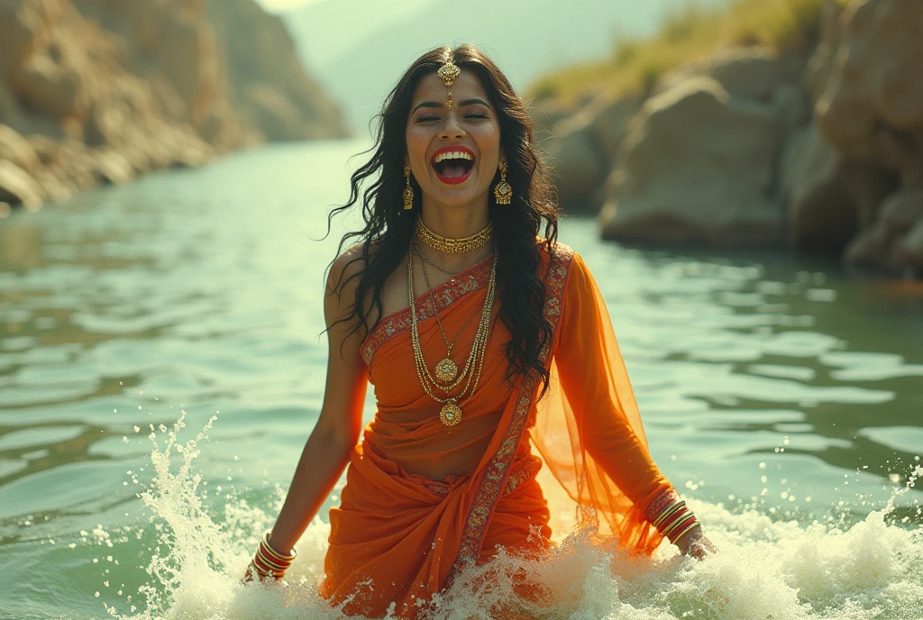 70s setting, grainy analog film, ultra-detailed, glamour artwork, conceptual art, provocative look, indian woman in jeans, playing in wide river with ecstasy, traditional accessories, abstract, orange white green, void, vivid, detailed sari, traditional makeup