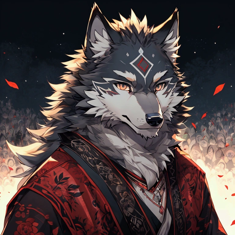 anthropology, Beast field, male, Solitary((Wolf) Fluffy fur, Fluffy), Delicate face, Delicate eyes (Looking at the audience), 灰Wolf兽人，Black highlights on face。Red pattern on the face。