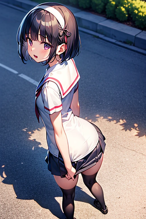 body 8 times longer than head, (Highly detailed CG unity 8k), (highest quality),(very detailed),(ultra high resolution), black hair, High school girl wearing a navy sailor suit, Anime 2D rendering, realistic young anime high school girl, ((White headband)), purple eyes, small breasts, tall, slanted eyes, (school scenery), black stockings, bright color, open your mouth, Dark blue skirt, bob cut, position looking down from above, tripping on the right foot, lean forward, Put your butt on the ground,