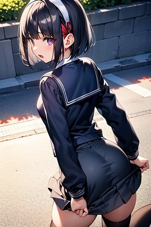 body 8 times longer than head, (Highly detailed CG unity 8k), (highest quality),(very detailed),(ultra high resolution), black hair, High school girl wearing a navy sailor suit, Anime 2D rendering, realistic young anime high school girl, ((White headband)), purple eyes, small breasts, tall, slanted eyes, (school scenery), black stockings, bright color, open your mouth, Dark blue skirt, bob cut, position looking down from above, tripping on the right foot, lean forward, Put your butt on the ground,