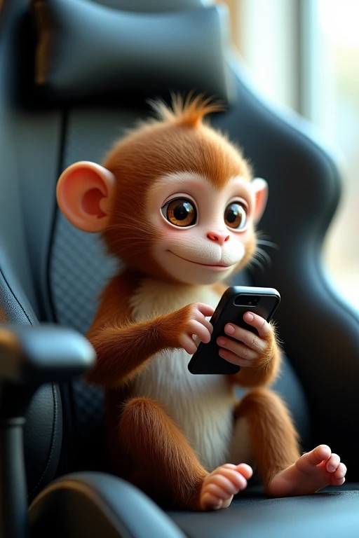 creates an image of a cute MONKEY typing on a cell phone on top of a gaming chair