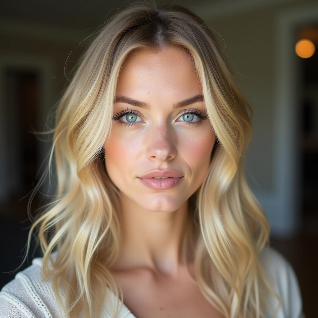 Blonde blue eyes, fine features 