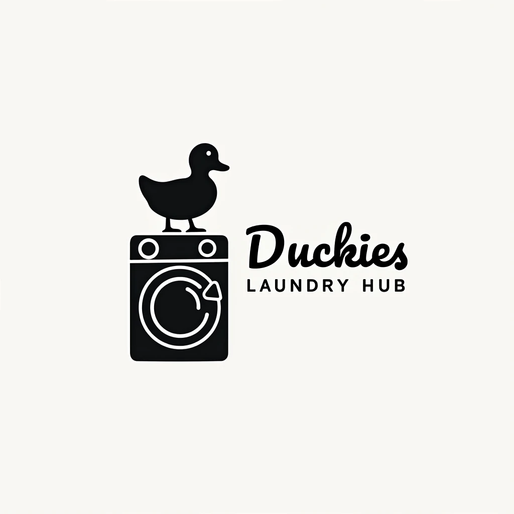 Simple logo of black duck on top of Washing Machine, Put a captoion the the right "Duckies Laundry Hub" With bigger text size